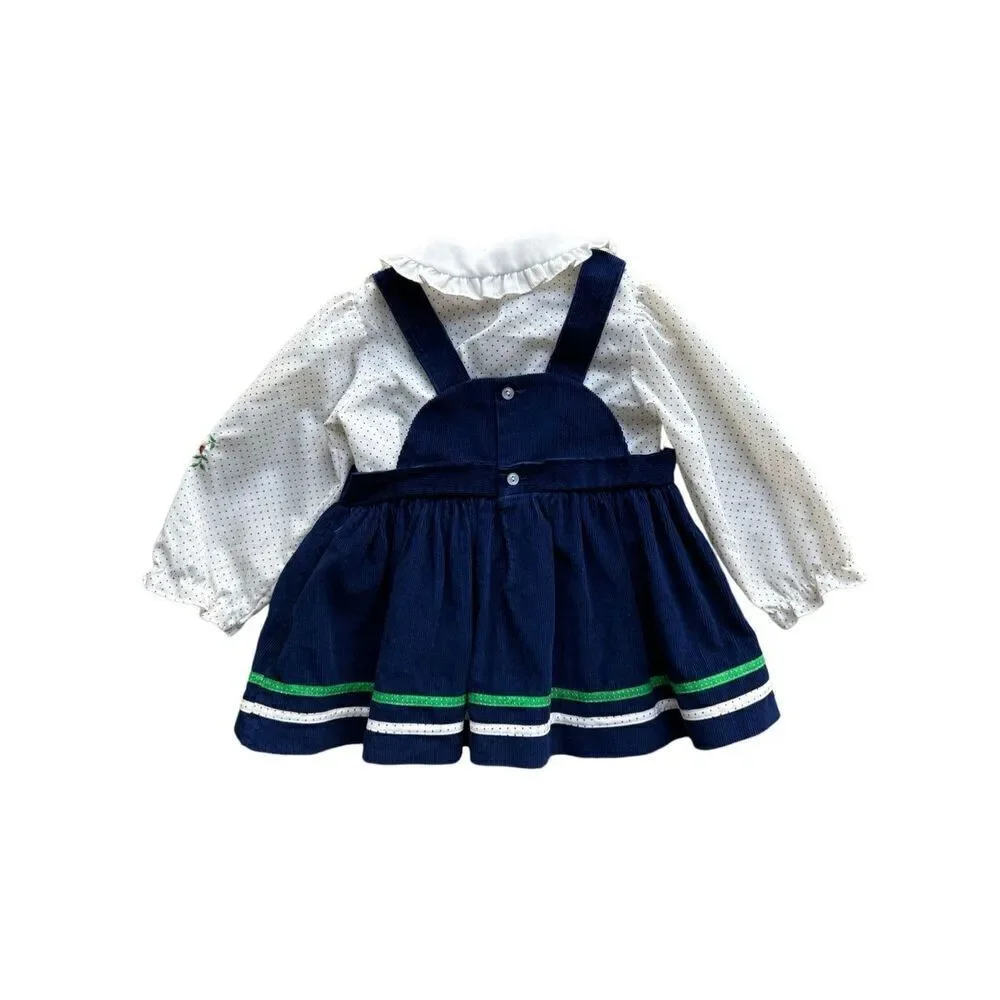 Vintage Baby Girl Navy Blue Corduroy Jumper/Dress & Polka Dot Collard Blouse